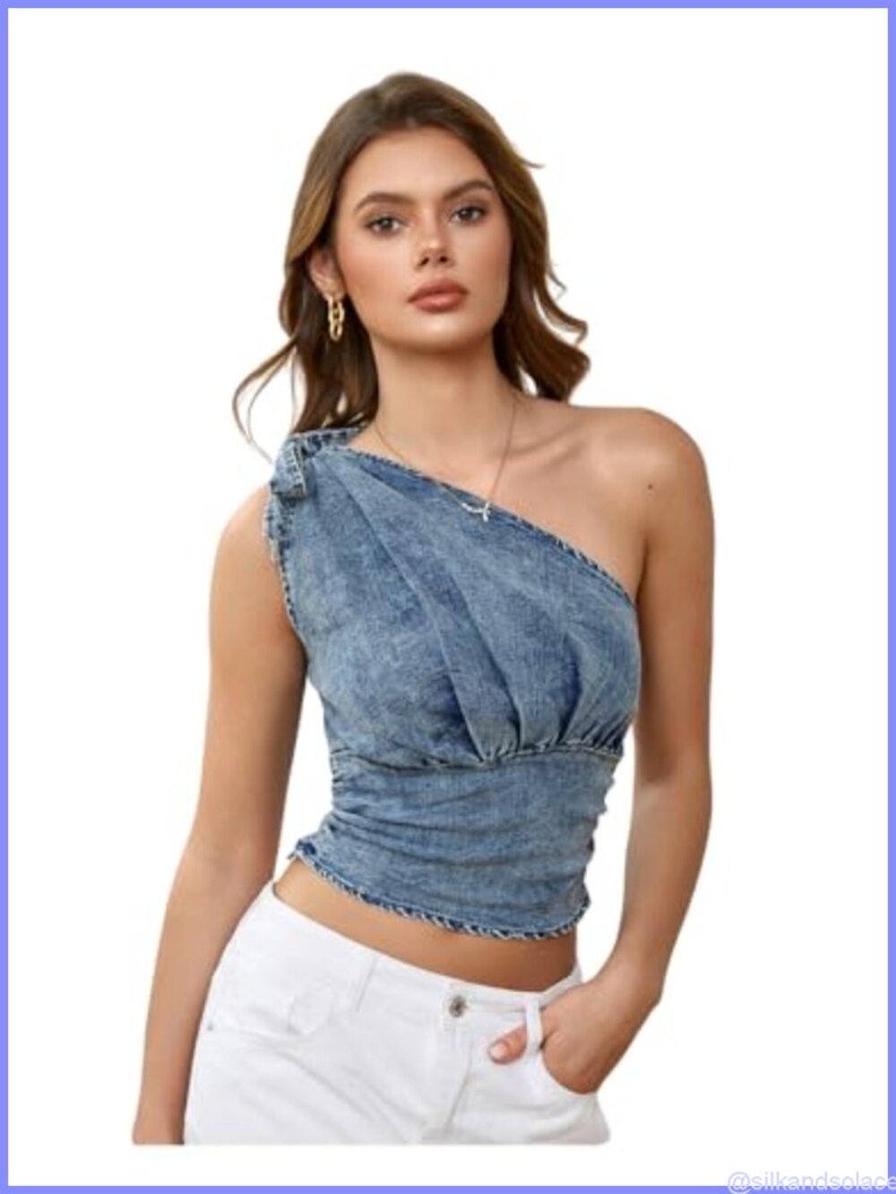 Sleeveless Denim Cami Crop Top with Asymmetrical Bow Tie